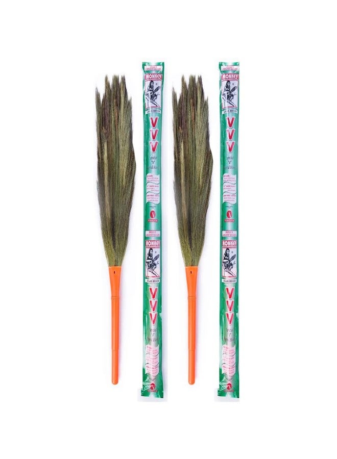 Monkey 555 VVV V-Shaped Grass Broom - Pack of 2 | Natural Garo-Hill Grass | Thick & Tall | Sleek Virgin Plastic Handle | Fast, Eco-Friendly Sweeping| Unique V Shape Handle Spreads Grass Evenly - Image 1